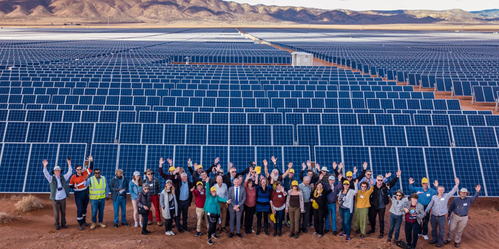 Group stands in amongst a solar panel farm