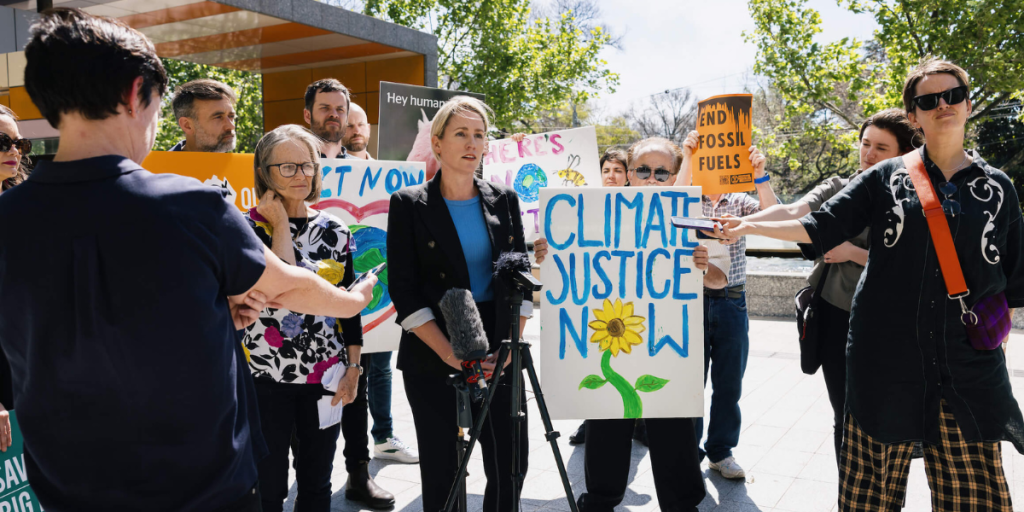 Environmental Justice Australia representative speaks to media amid climate litigation/protest